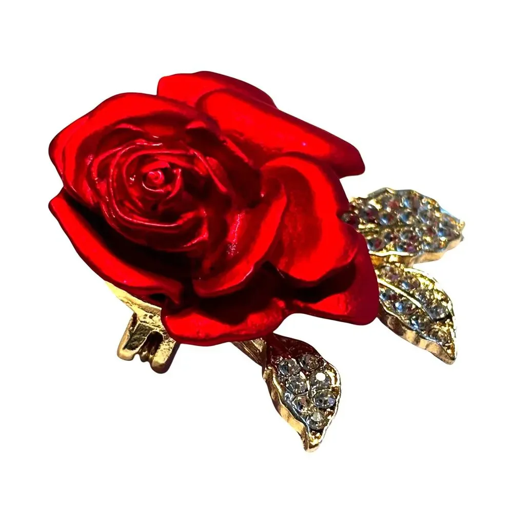 Deep Red Rosebud brooch stacked dimensional frosted textured on goldtone setting